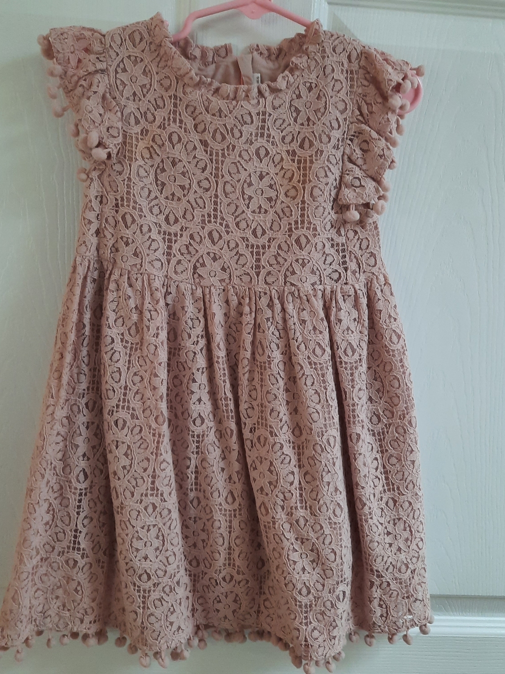 Girls' Lace Pom-Pom Sleeve Dress - Blush Pink